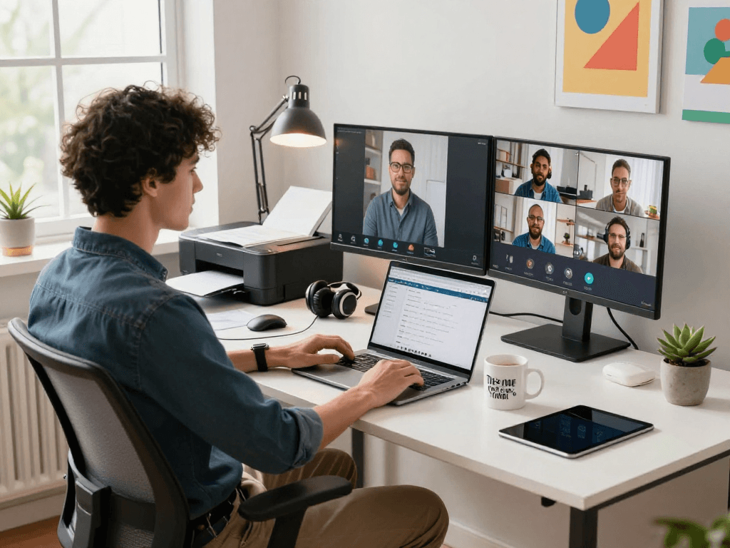 Dynamic remote work setup featuring ToDesk software on laptop, enhancing productivity and connectivity.