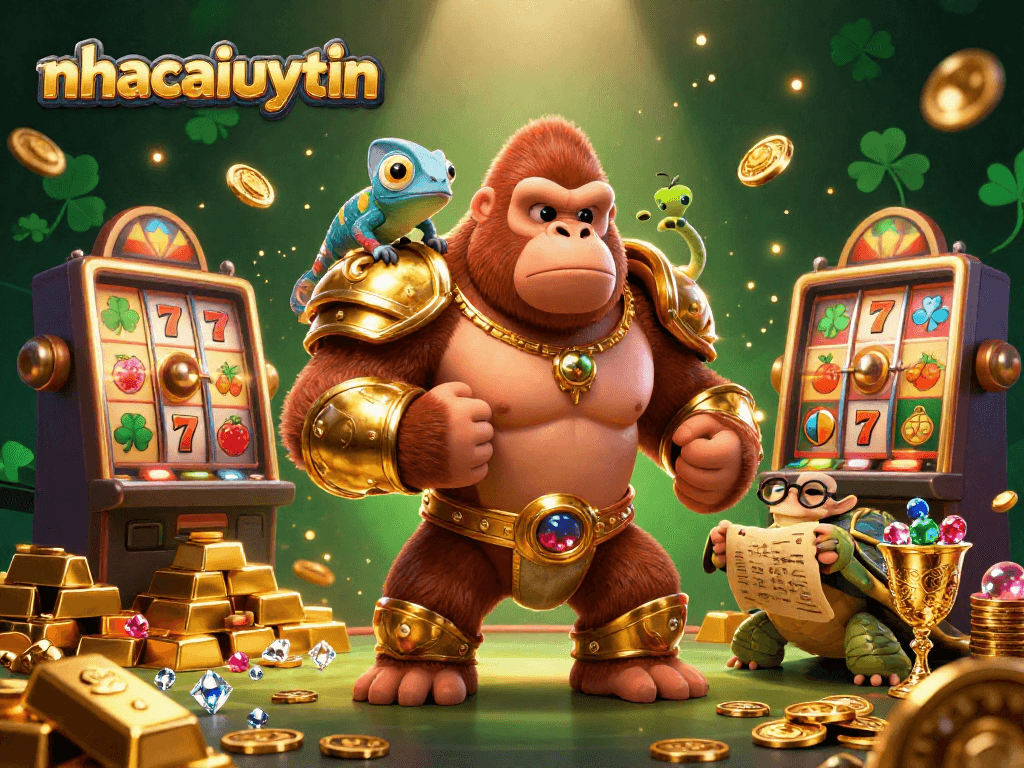 nhacaiuytin showcases a vibrant casino scene with a powerful gorilla and rich treasures, emphasizing gambling adventure.