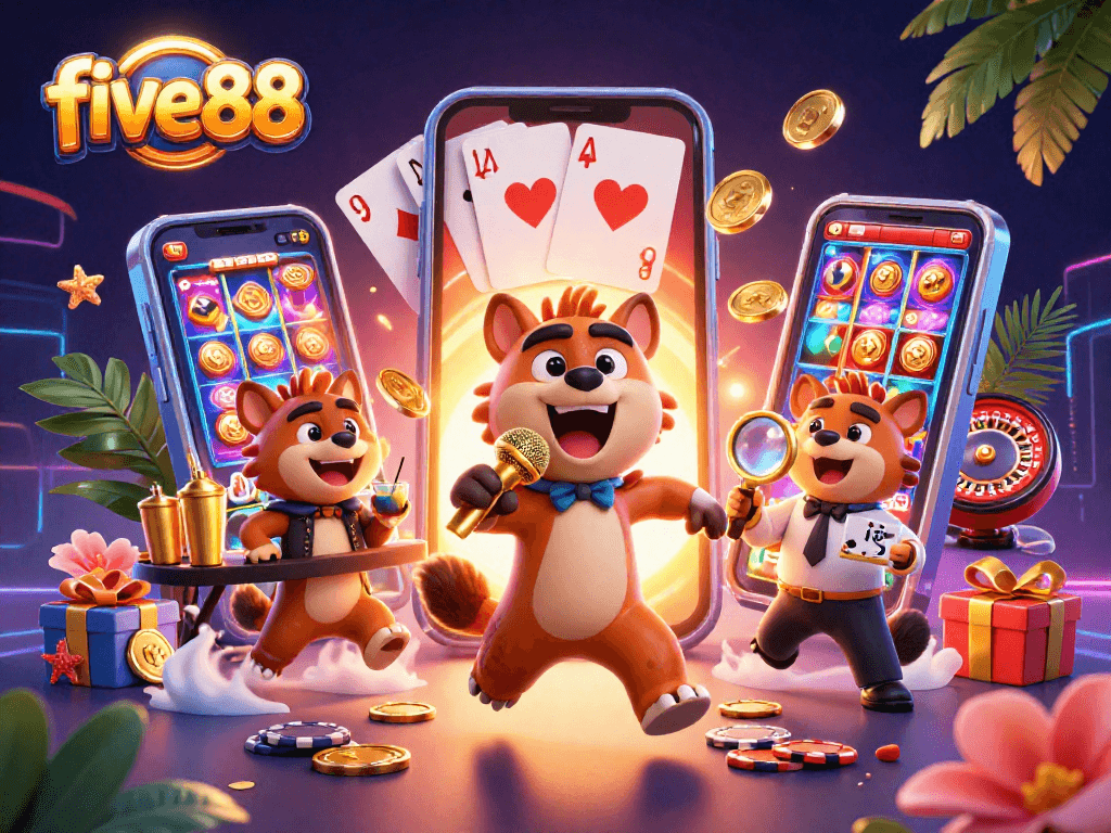 Experience the excitement of five88 with animated hyenas performing in a vibrant casino setting, filled with slot games and golden coins.