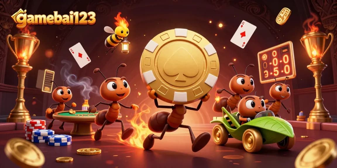 Engage in the gamebai123 poker heist with ants carrying a giant chip, joined by fiery excitement and animated coins.