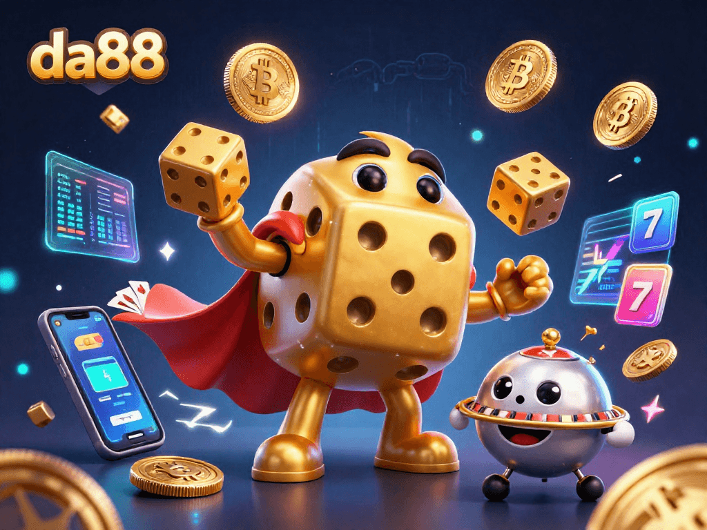 Join the vibrant da88 casino world as golden dice and crypto elements collide in a thrilling gaming scene.