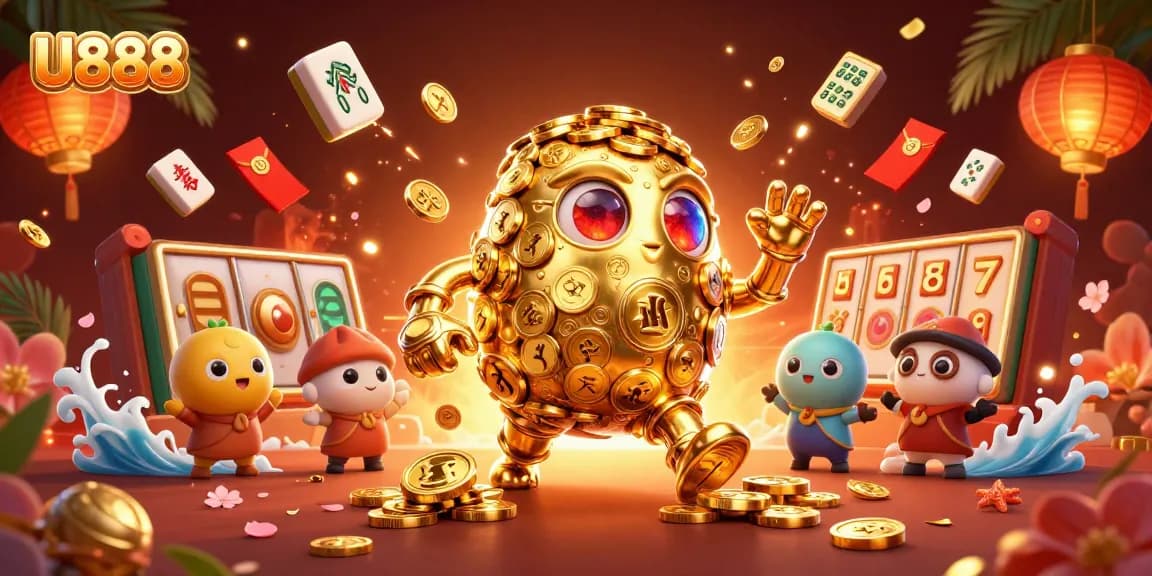 Experience thrilling wins with U888’s vibrant gaming golem and casino elements in a dynamic illustration.