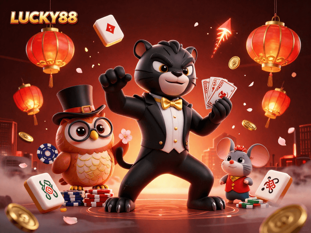 Experience the thrill with LUCKY88, featuring a stylish black panther dealer and festive gaming elements.
