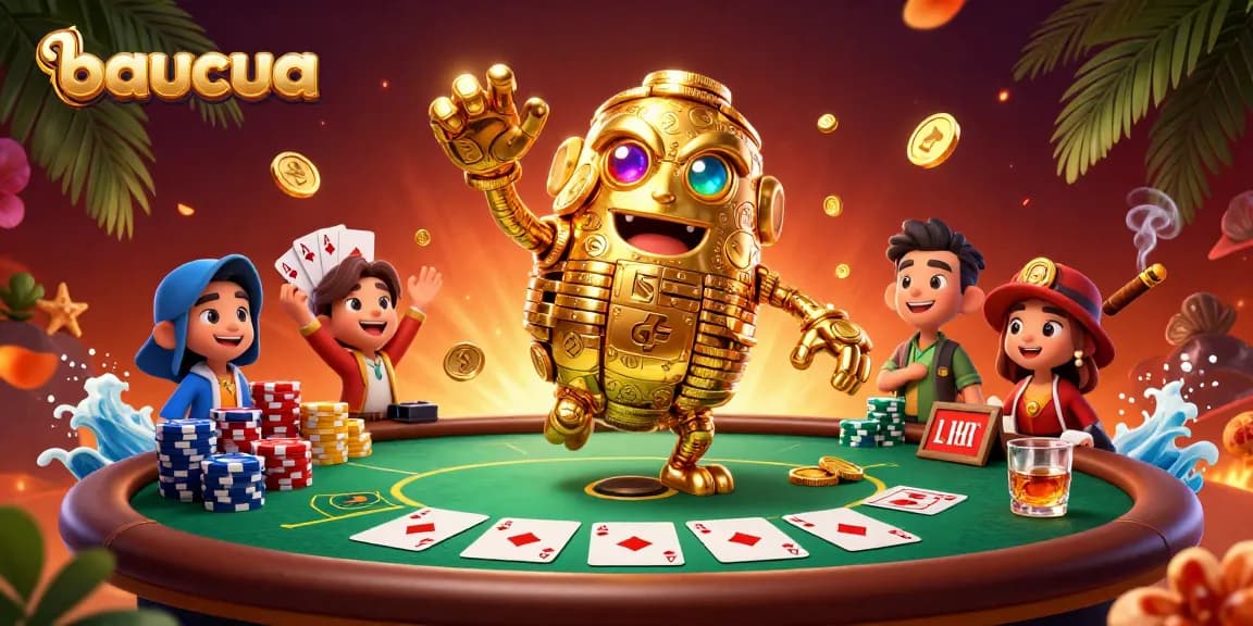 Experience excitement at baucua with a vibrant 3D golem and poker scene showcasing dynamic casino elements.