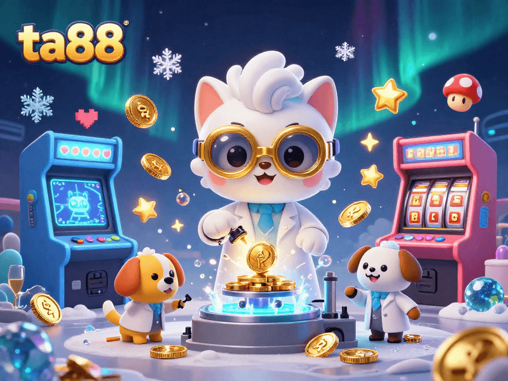 Engage with ta88's thrilling casino universe, featuring a mad scientist cat creating gold in a vibrant gaming lab.