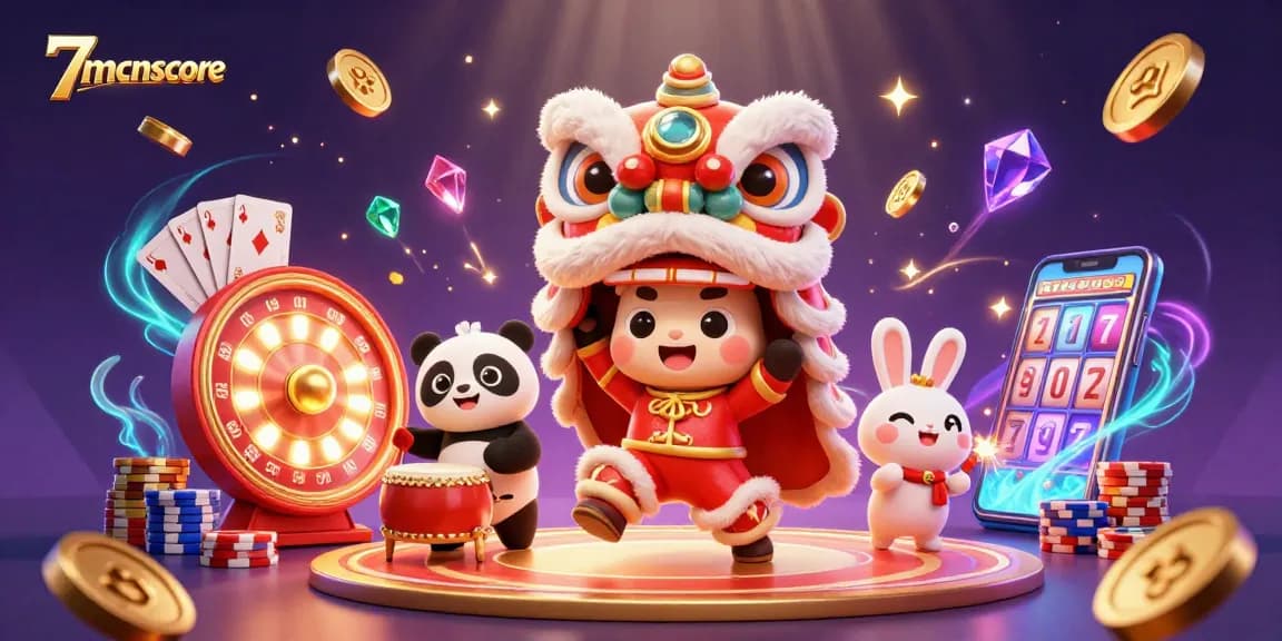 Engage with 7mcnscore’s vibrant casino scene featuring a lion dance, games, and festive characters.