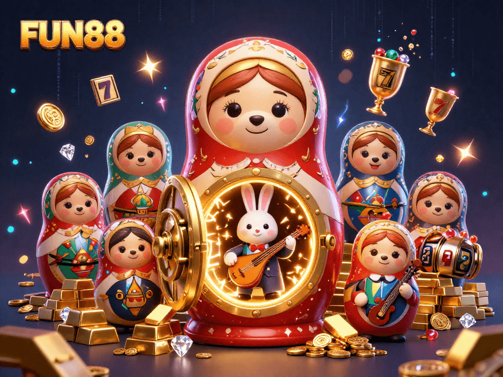 Engage with FUN88's vibrant casino scene featuring a Matryoshka bear and mini bears