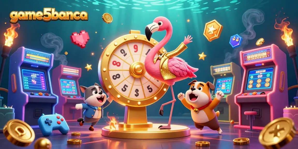 Spin the giant prize wheel with game5banca's characters in a dynamic casino showdown, capturing thrilling excitement.
