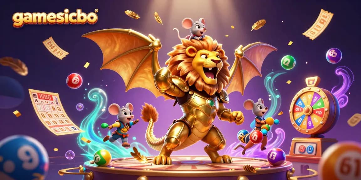 Experience the excitement of gamesicbo with a dynamic 3D scene featuring a chimera and colorful lottery elements.