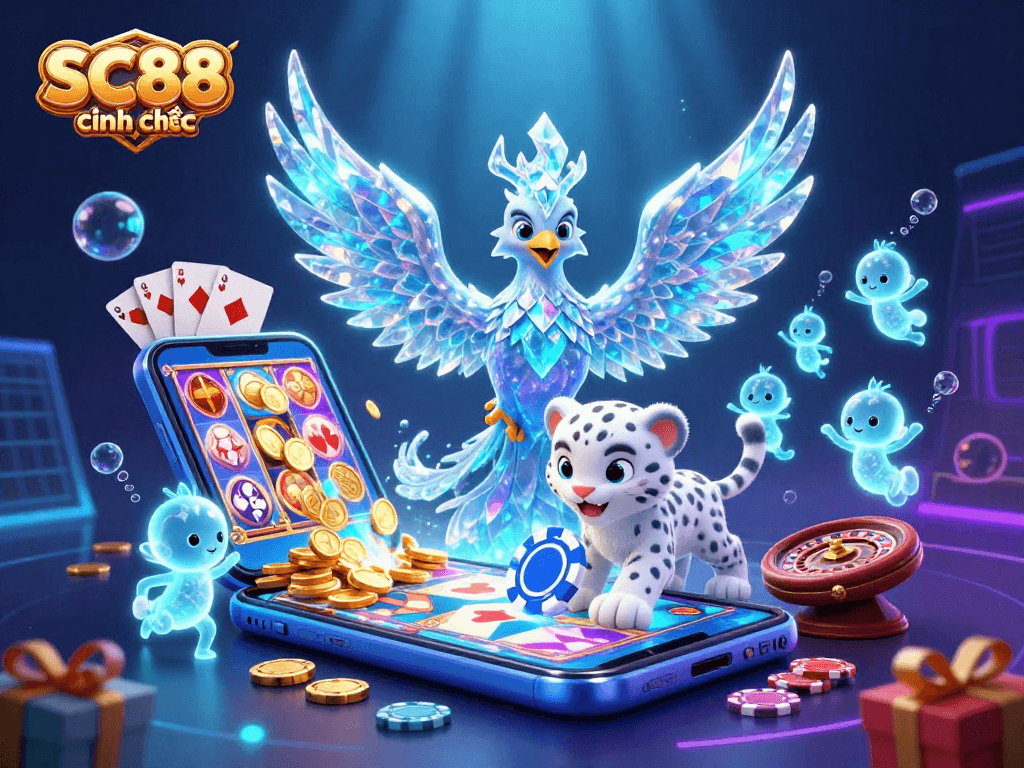 SC88 chính thức features a vibrant 3D casino scene with ice phoenix and playful characters.
