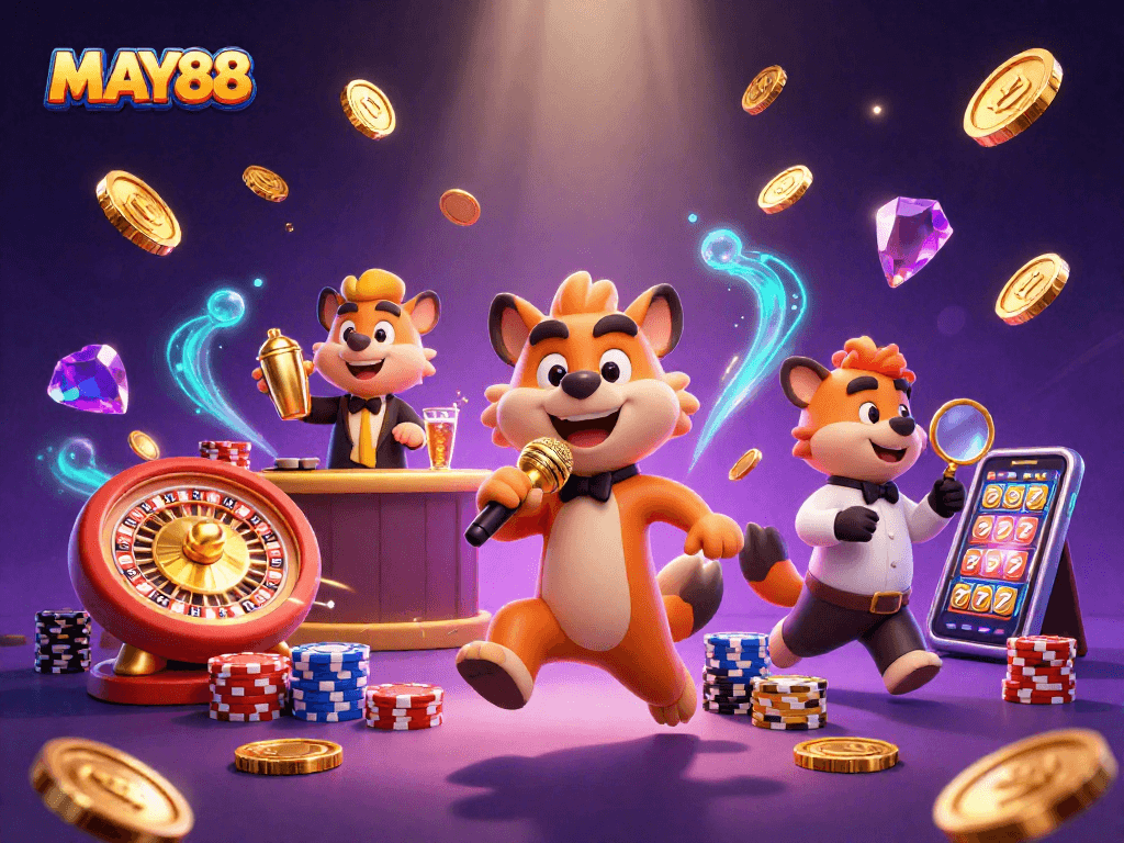 MAY88 hyenas comedy casino scene with golden coins, slot reels, and vibrant colors.