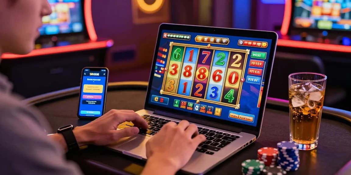 Player enjoying 20 free spins on registration no deposit at a vibrant online casino setup, immersed in colorful slot game action.