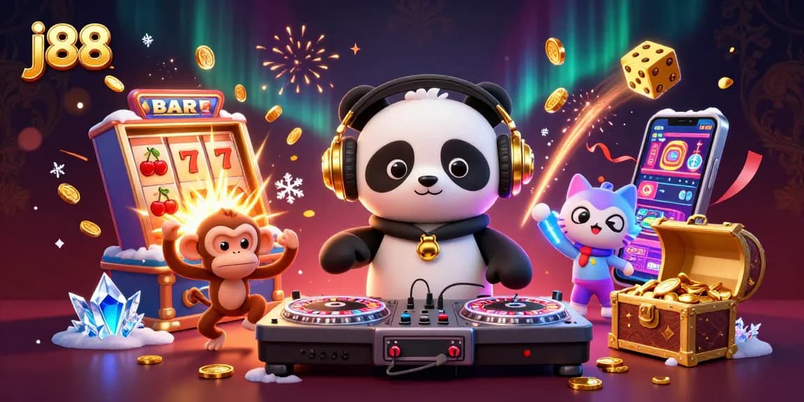 Experience the thrill at j88 with DJ panda and vibrant casino action in a lively 3D scene.
