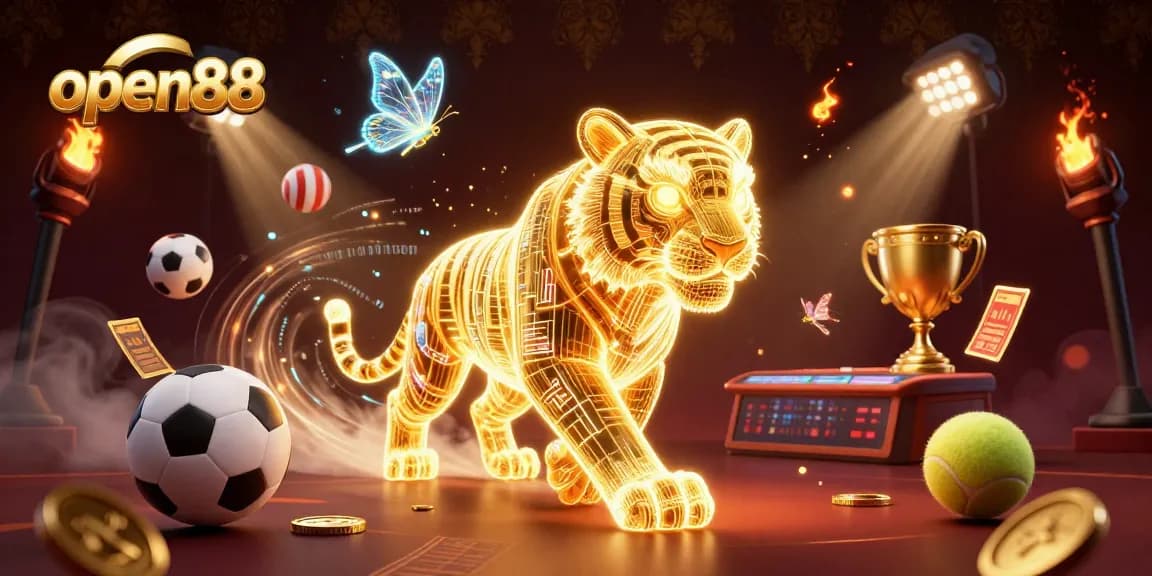 Experience the thrilling atmosphere of open88 with a golden tiger in a vibrant casino landscape.