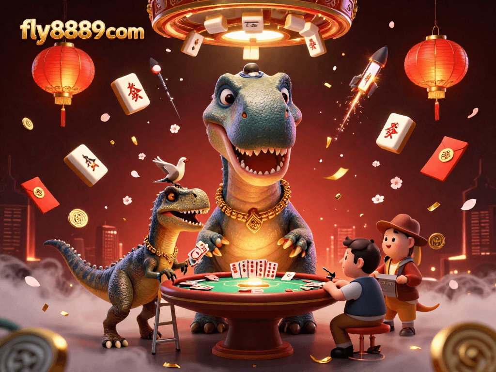 Experience thrilling gameplay at fly8889 com, featuring a brontosaurus dealer and festive casino elements.