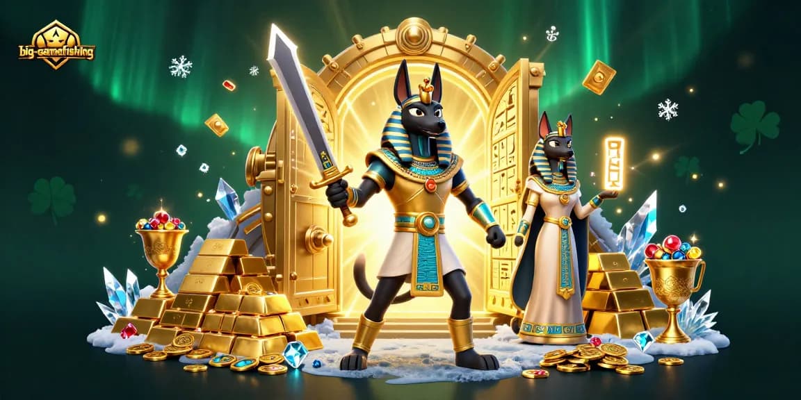 Engage in big-gamefishing adventures with ancient Egyptian warriors in a vibrant treasure world.