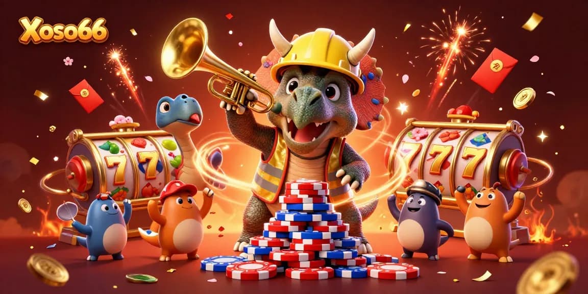 Xoso66 players winning big as a triceratops builds a tower of poker chips amidst celebrating characters in a vibrant casino.