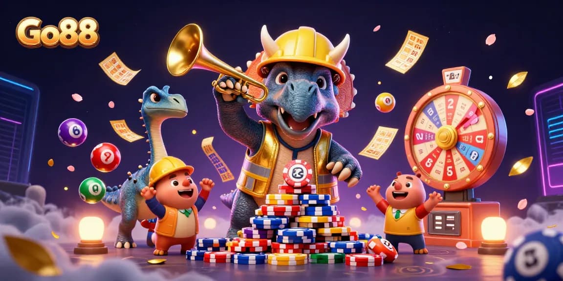 Go88 integrates playful elements with vibrant lottery balls and characters celebrating victory.