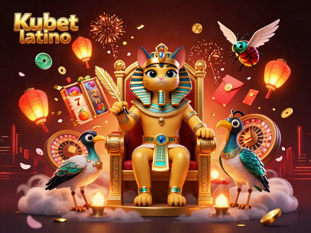 Engage with Kubet latino through vibrant 3D casino illustration showcasing slot reels, characters, and festive elements.