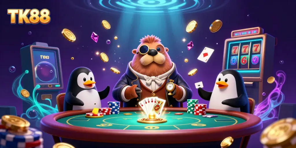 TK88 showcases a jolly walrus and friends playing poker in a captivating underwater casino scene.
