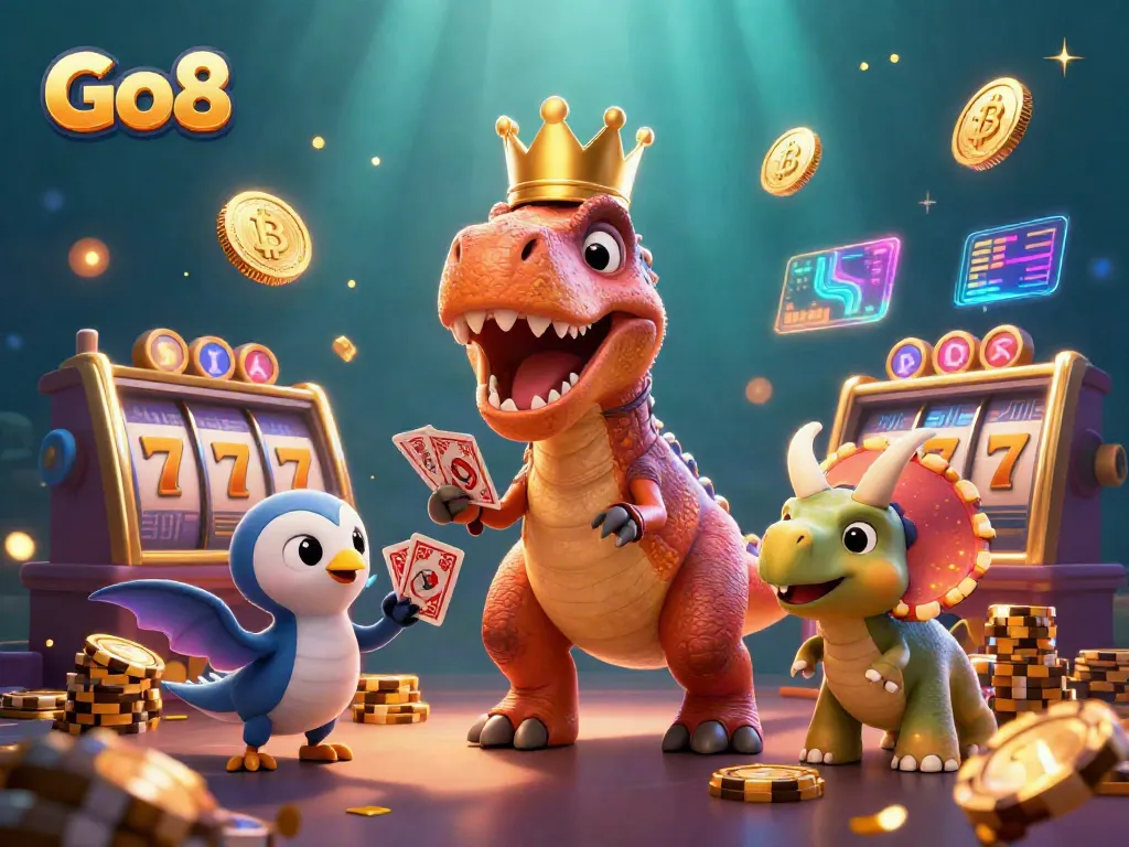 Play at Go8 with a friendly T-Rex shuffling cards and a baby triceratops stacking chips in a vibrant casino scene.