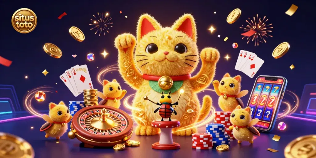 Win big with situs toto in a vibrant 3D casino scene featuring a lucky cat, sparkling coins, and dynamic game elements.