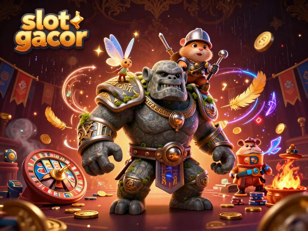 Experience slot gacor excitement with a mystical golem, fairy magic, and a hamster knight in a vibrant casino scene.