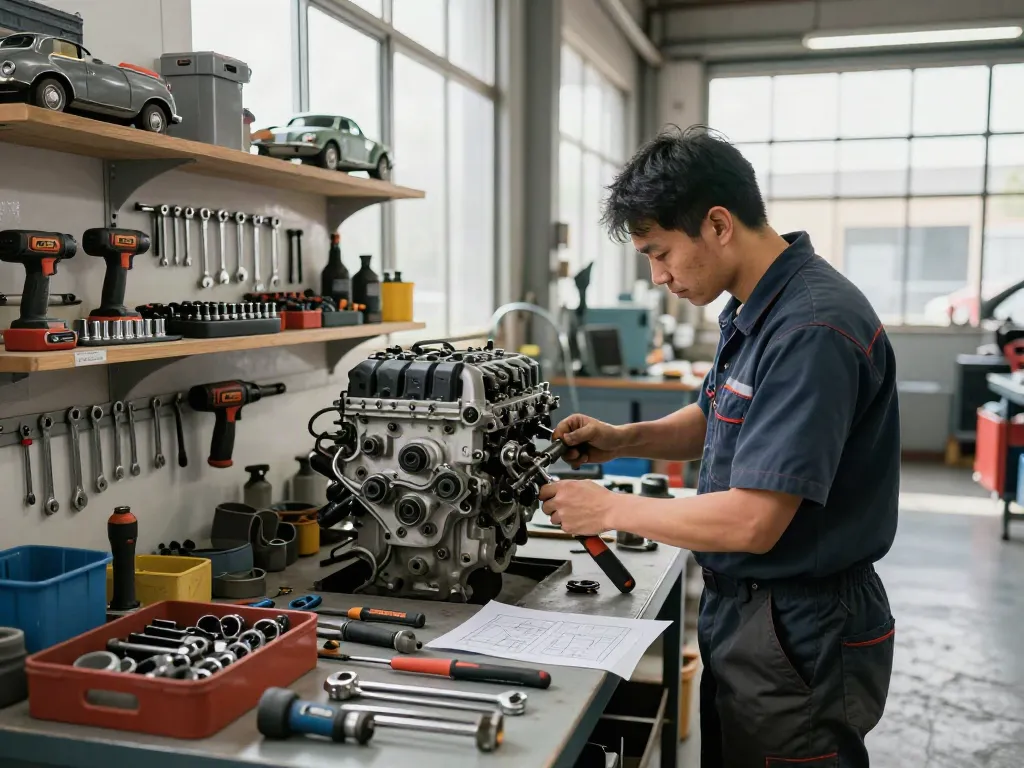 Technician using KS Tools hand tools in a busy workshop environment, focused on vehicle repair.