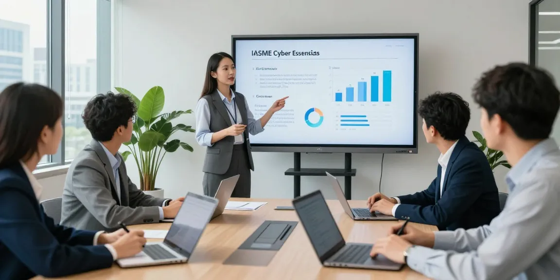 Team discussing IASME Cyber Essentials certification in a bright office meeting.