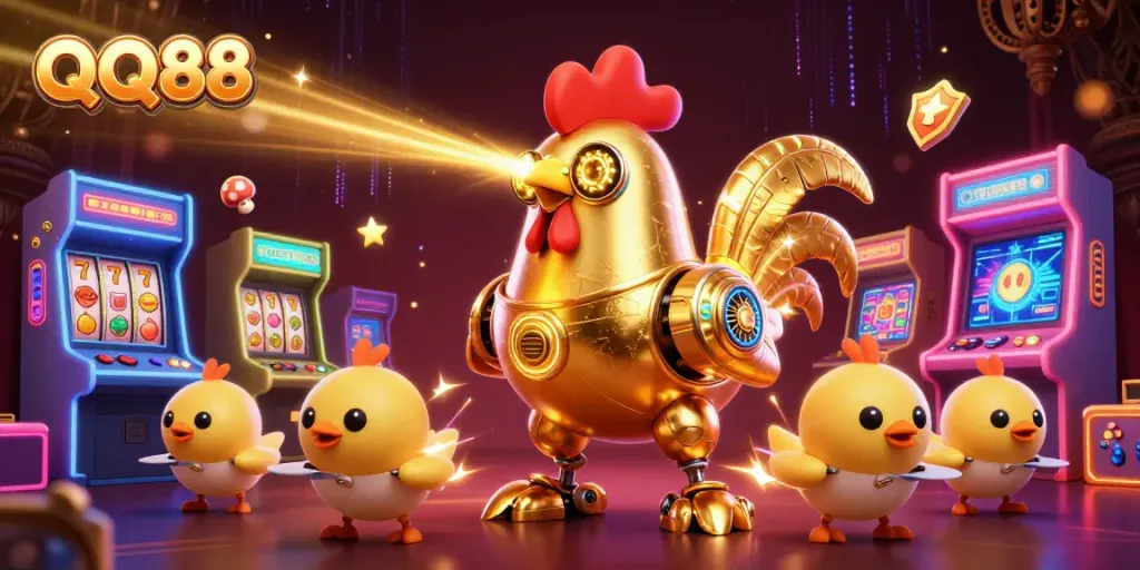 Engage with QQ88's vibrant casino scene featuring dynamic golden rooster robots and interactive arcade elements.