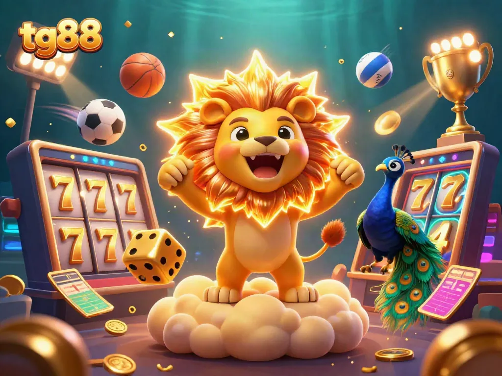 Play slots and win big jackpots with tg88 featuring a vibrant 3D illustration of a triumphant lion, dice, and gaming elements.