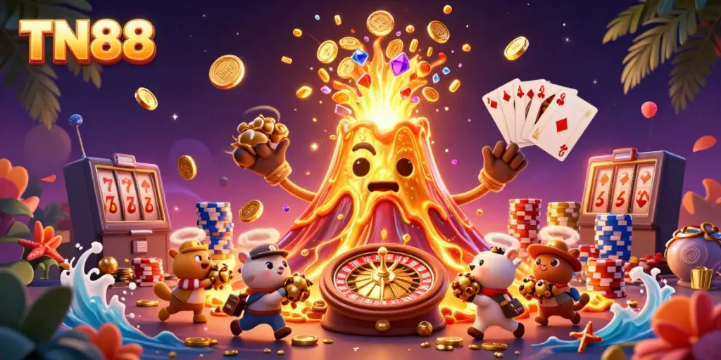 Experience the thrill of TN88 with a golden volcano erupting treasure in a colorful casino scene.