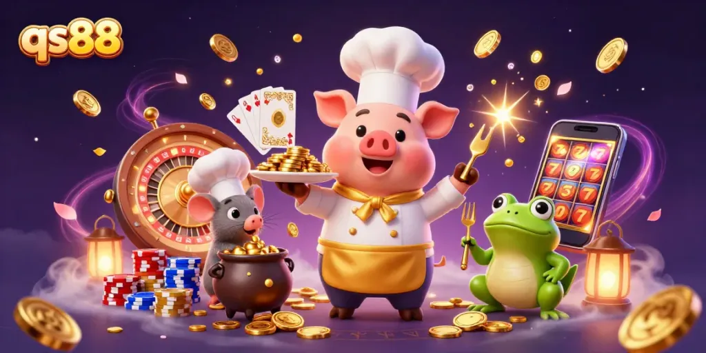 Engage in thrilling qs88 casino games with a vibrant chef pig serving golden coins in an exciting 3D scene.