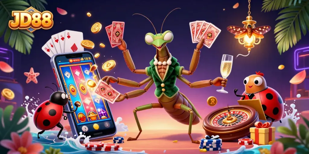 Engage in thrilling gameplay at JD88 with vibrant casino elements, from spinning slot reels to poker chips.
