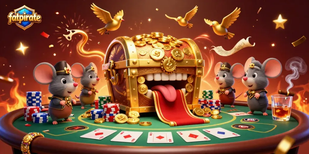 Experience the thrill of fatpirate in a lively casino setting with vibrant poker elements.