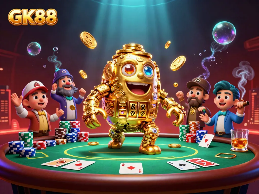 Engage in thrilling gambling action with GK88's vibrant poker scene featuring golden golem and dynamic elements.