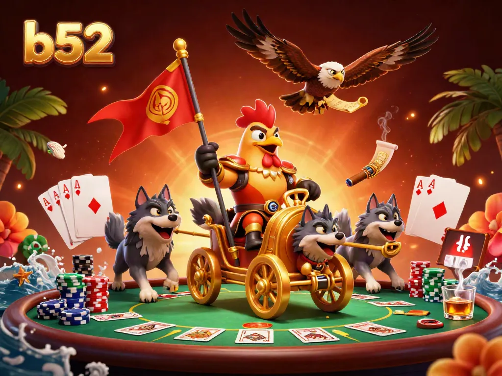 Experience epic b52 gaming with a dynamic rooster warlord and poker elements!
