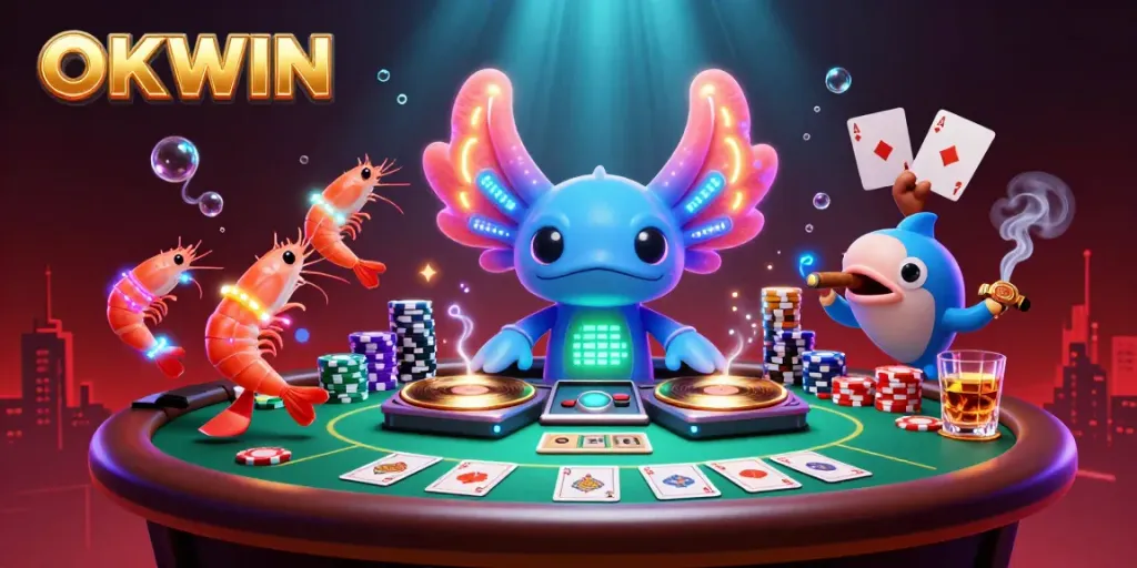 Engage with OKWIN in an exciting underwater casino scene featuring vibrant 3D characters and poker elements.