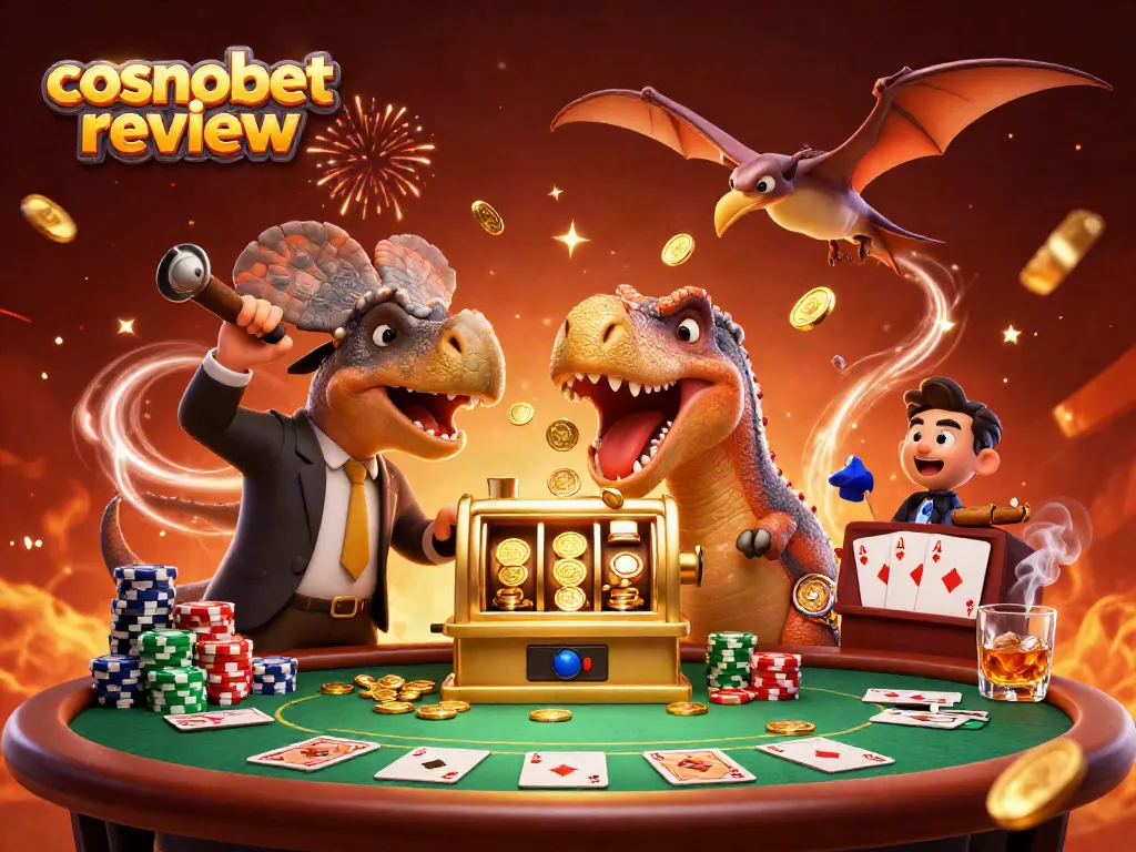 Experience the excitement of the Cosmobet review as cartoon dinosaurs celebrate jackpots and winnings.
