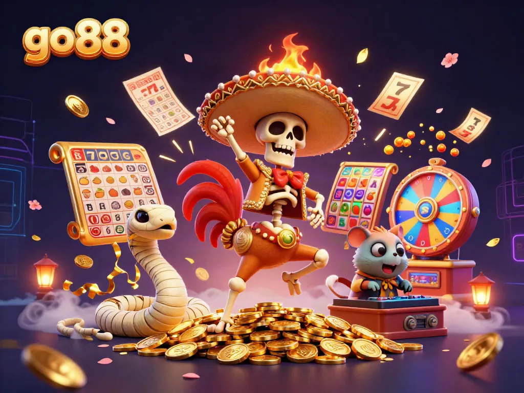 Experience the thrill of gambling at go 88 with a festive 3D scene featuring a skeleton mariachi rooster and friends celebrating amidst a flurry of vibrant casino elements.