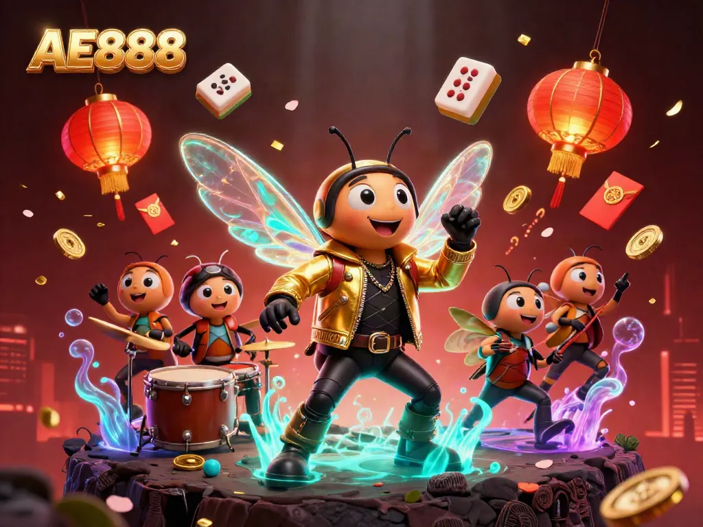 Win big with AE888 in this vibrant illustration featuring a rock star cicada and dynamic gaming elements.