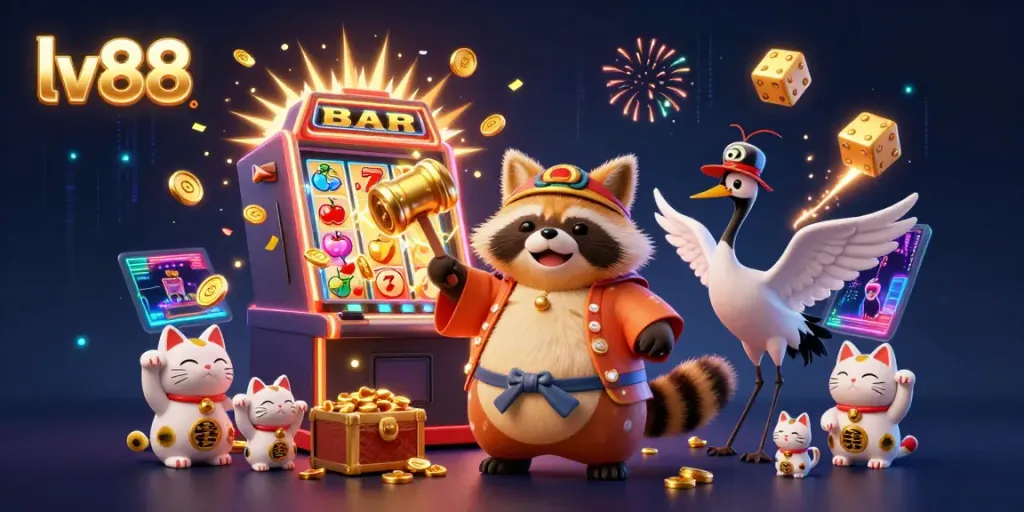 Experience the excitement of lv88 with vibrant characters and dynamic casino elements in a colorful digital illustration.
