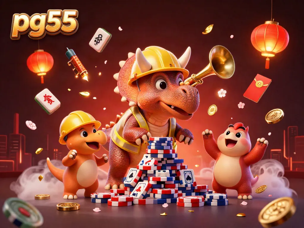 Experience the excitement of pg55 with a vibrant 3D casino scene featuring dynamic characters celebrating wins.