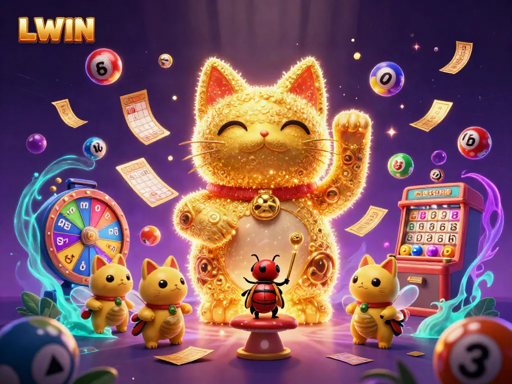 Experience LLWIN's gaming excitement with vibrant symbols and a lucky cat surrounded by lottery elements.