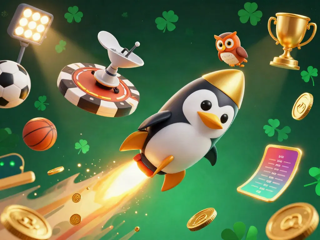 Bet on 78win with a vibrant 3D penguin flying toward a casino, surrounded by sports elements.