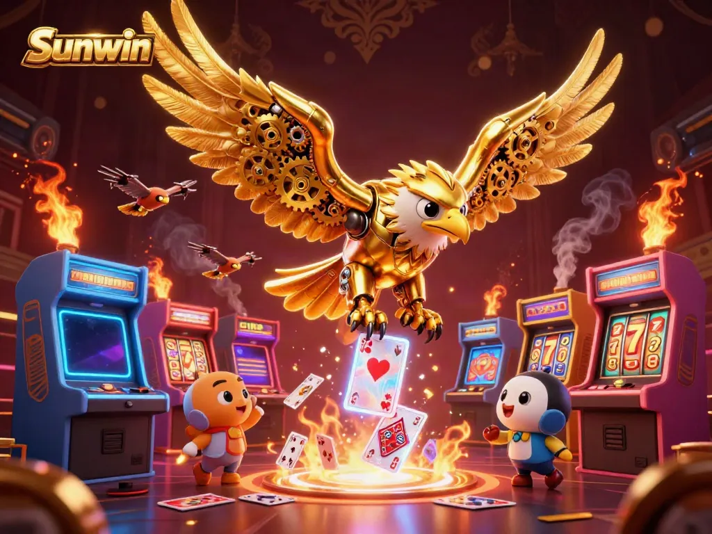 Dive into the excitement of Sunwin with a golden eagle amidst vibrant casino themes and holographic cards.