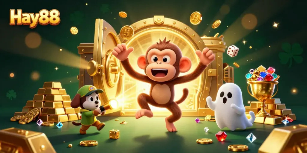 Experience Hay88's 3D casino magic with a playful monkey and ghost-hunting puppy amidst dazzling treasures.