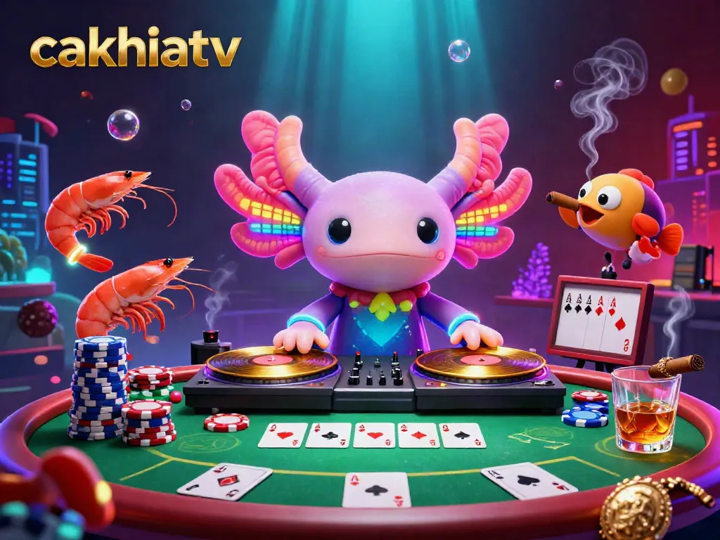 Cakhiatv showcases a vibrant underwater gambling atmosphere with a DJ axolotl and poker elements.