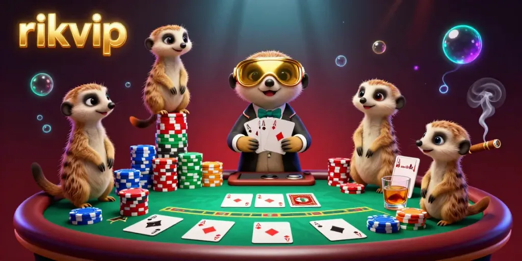 Experience thrilling gaming at rikvip with cartoon meerkats orchestrating a colorful casino setting.