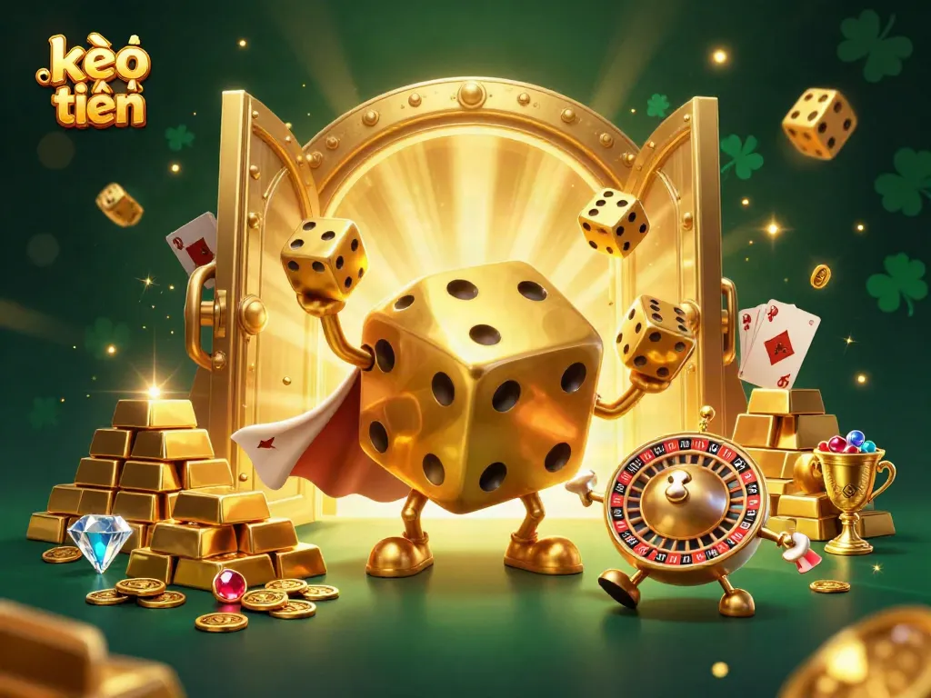 Engage with kèo trực tuyến excitement as a golden dice golem juggles gems amidst a treasure-filled scene.